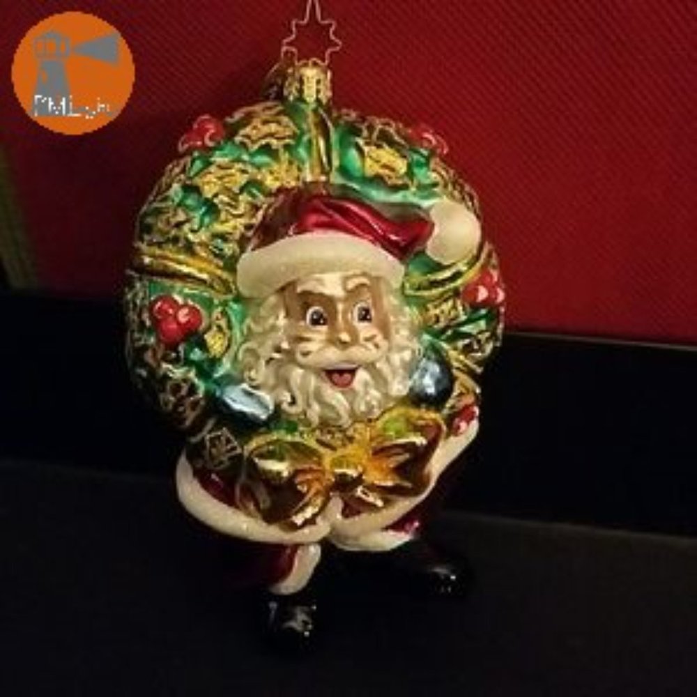 Radko Ornament "I've Been Framed" Santa in Wreath Red Green White Gold